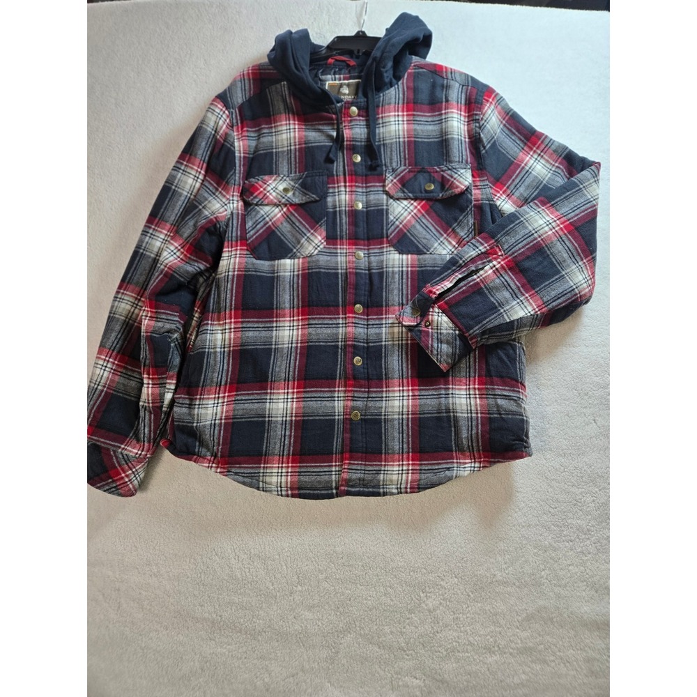 Legendary Outfitters Mens Red Plaid Hooded Flannel Quilted Shirt Jacket Large
